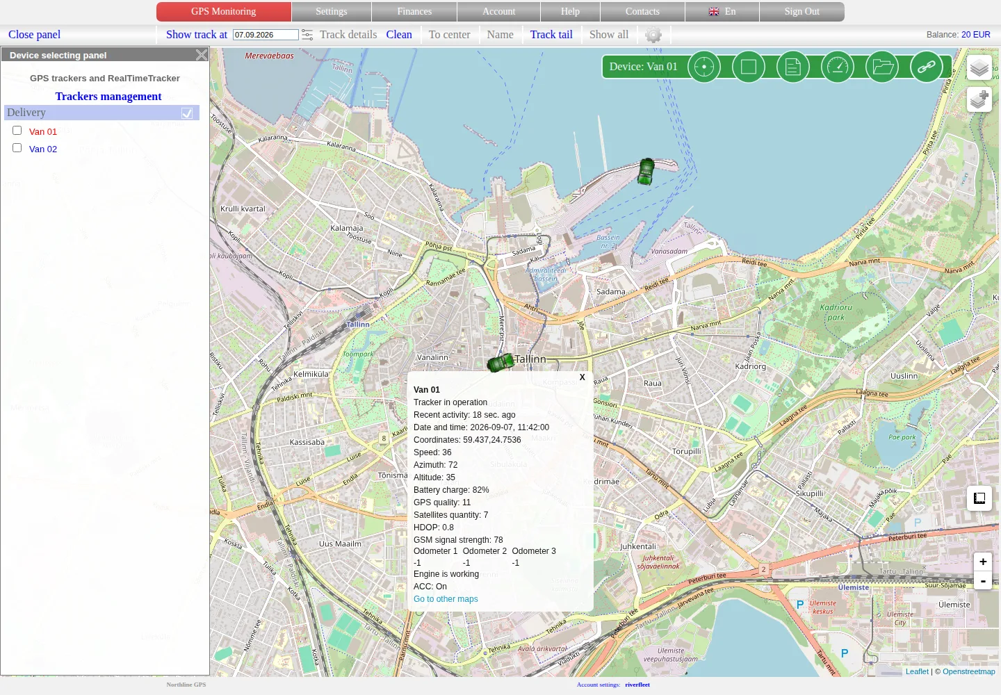 Live map with two delivery vehicles and the current data card for Van 01