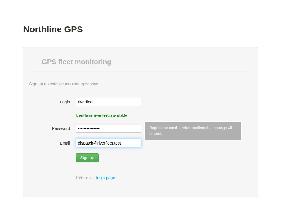 Account registration form with login, password and email fields