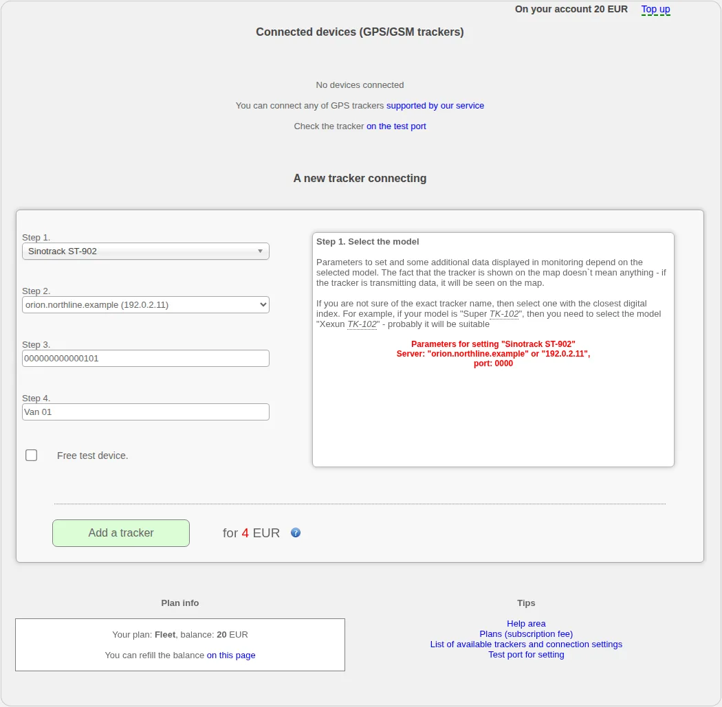Tracker connection form with a selected model, demonstration identifier, device name and current charge