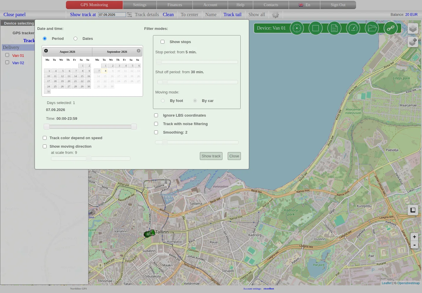 Trip history panel with period and selected-date modes, a date calendar, time range and filtering settings