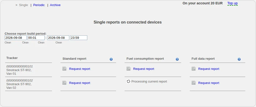 One-off reports for connected devices with a period and three report types