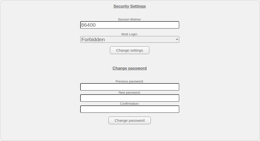 Session lifetime, multi-login and password-change settings