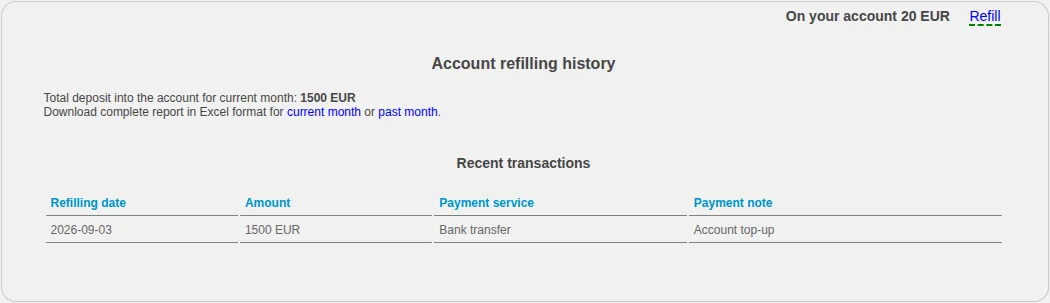 Account top-up history with date, amount and payment system