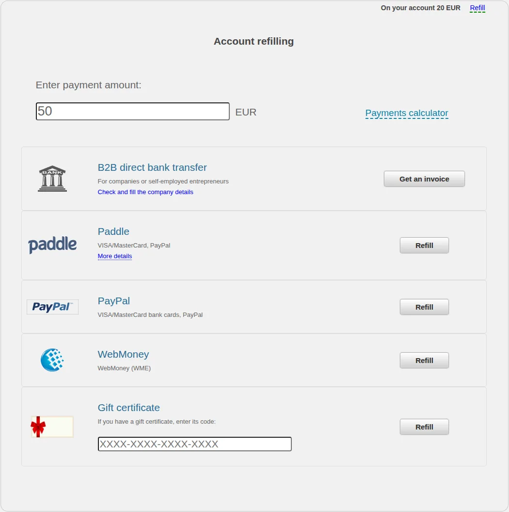 Payment methods currently available for a euro account
